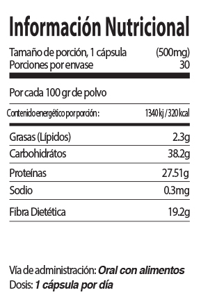 Etiqueta información nutrimental Adaptógeno Moringa